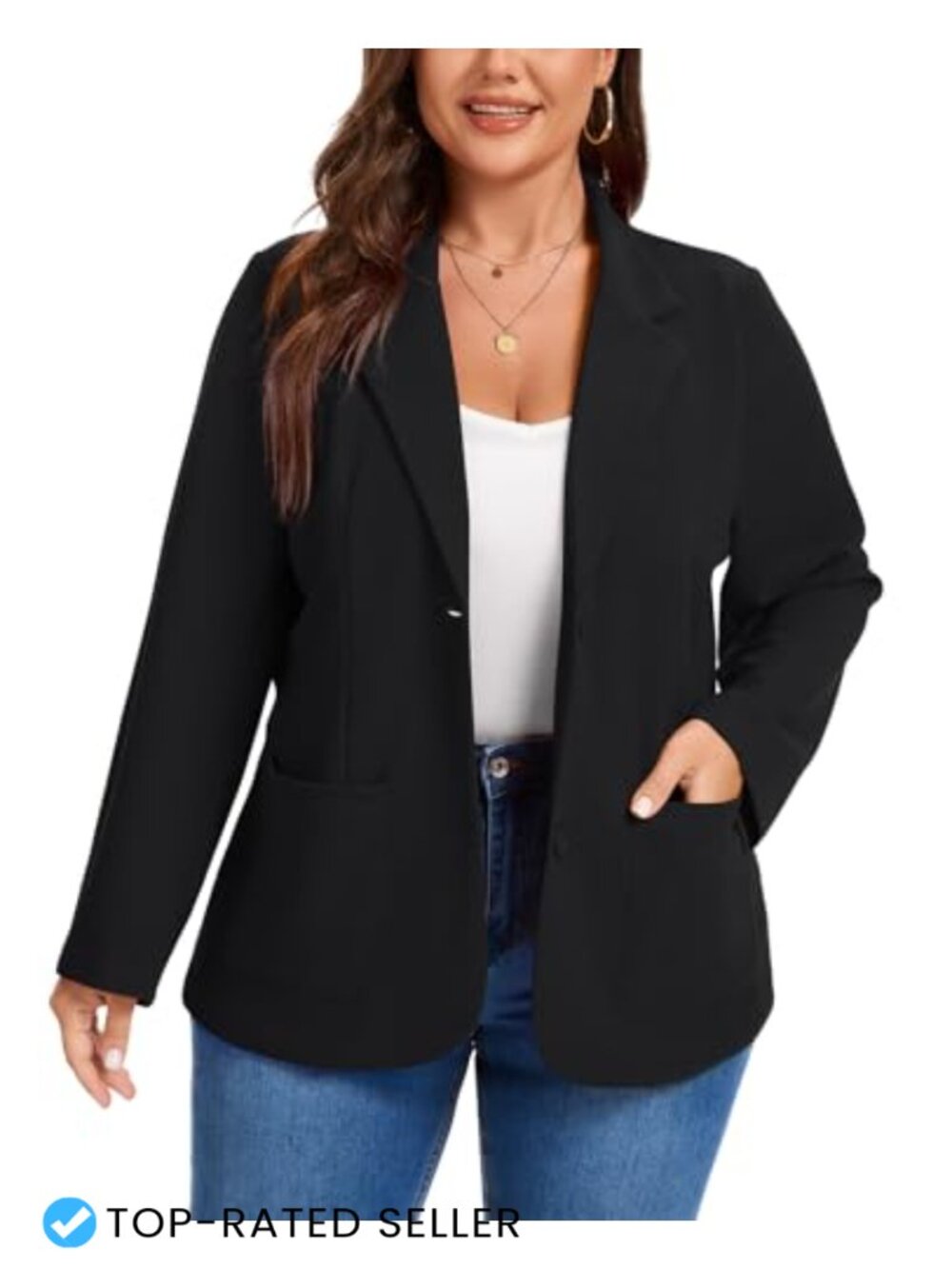 Plus Size Long Sleeve Notch Lapel Button Front Blazer with Pockets Work Office